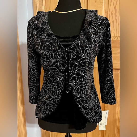 Notations Sweaters - Notations NWT Black w Silver Crystal Ruffled Cardigan Over a Velvet Shell SZ PM